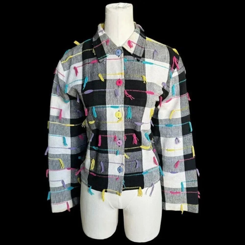 VTG 90s Lifestyle Checkered Colorful Jacket Coat Button Up Sz M 100% Cotton